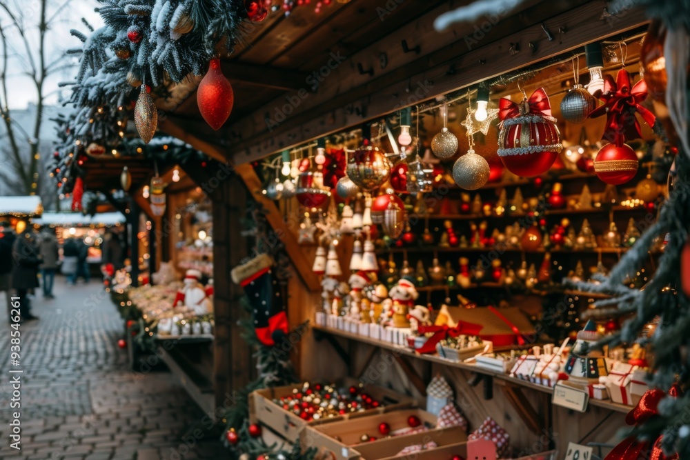 Fototapeta premium Christmas market with stalls selling ornaments and gifts