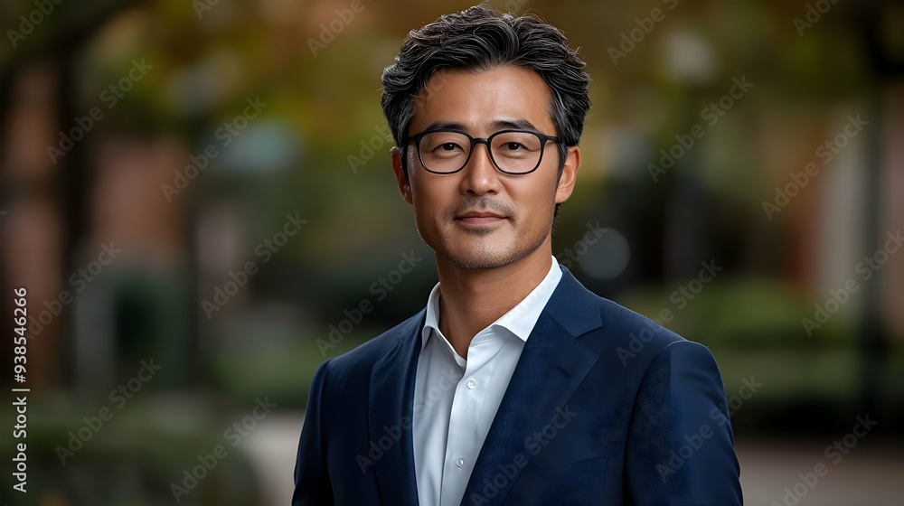 Confident businessman wearing a blue suit and glasses, looking directly at the camera, standing in front of an out-of-focus background. Confident businessman wearing a blue suit and glasses, looking directly at the camera, standing in front of an out-of-focus background.