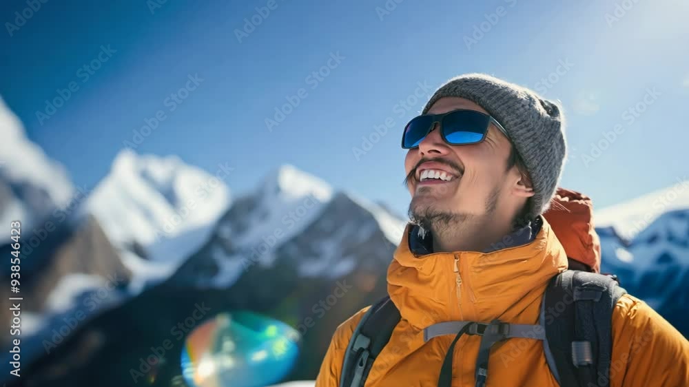man at the top of mountain looking at sky with proud and joyful happy smile man at the top of mountain looking at sky with proud and joyful happy smile