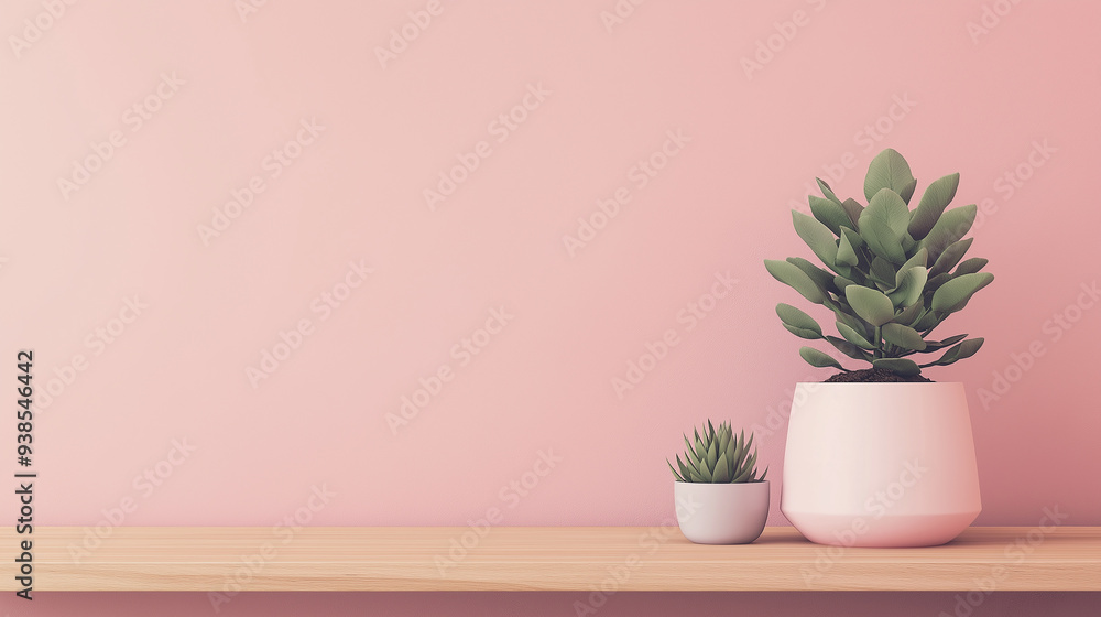 Minimalist plant pots with succulents on a wooden shelf against a soft pink wall. The composition emphasizes simplicity, nature, and modern design with a serene ambiance. Minimalist plant pots with succulents on a wooden shelf against a soft pink wall. The composition emphasizes simplicity, nature, and modern design with a serene ambiance.