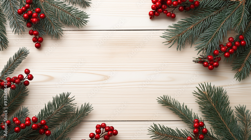 A simple Christmas frame mockup with pine branches, red berries, and festive decorations surrounding a blank wooden frame. The natural elements create a warm and inviting holiday feel. A simple Christmas frame mockup with pine branches, red berries, and festive decorations surrounding a blank wooden frame. The natural elements create a warm and inviting holiday feel.