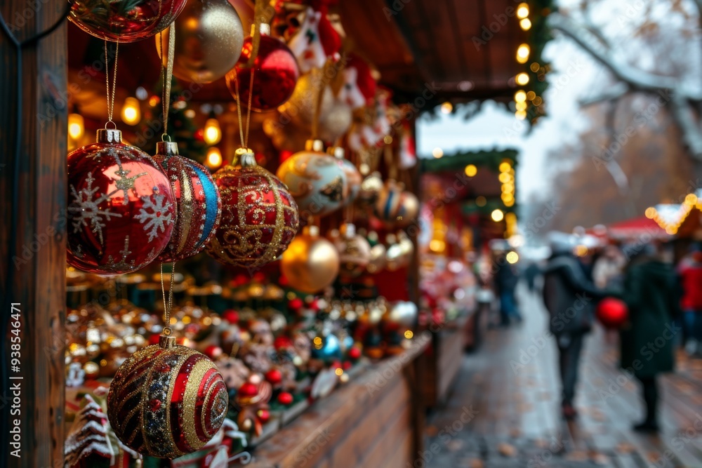 Obraz premium Christmas market with stalls selling ornaments and gifts