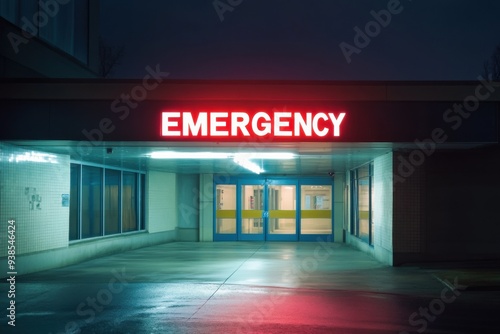 A nighttime view of a hospital emergency entrance, illuminated by a bright red sign, conveying urgency and medical aid. photo