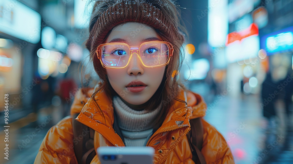 Young woman using a smartphone with augmented reality on a city street, futuristic look Young woman using a smartphone with augmented reality on a city street, futuristic look