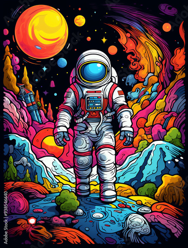 An astronaut exploring an alien planet, surrounded by vibrant colors and surreal landscapes vector illustration for t-shirt design with black background