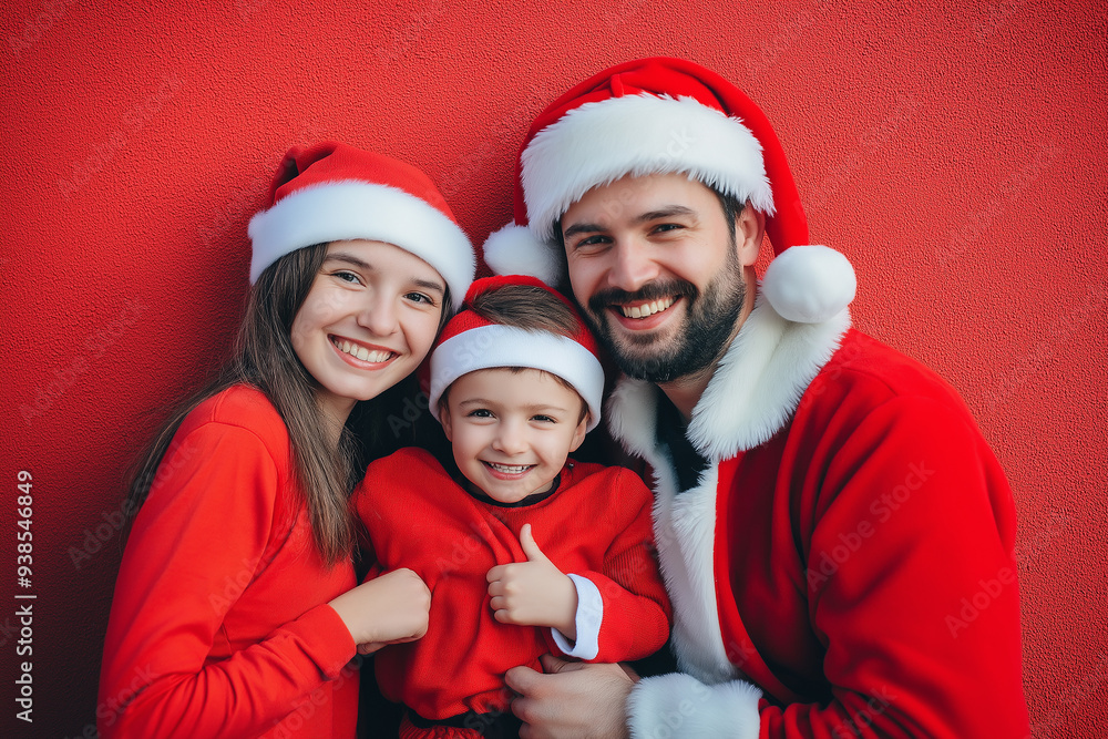 A family dressed in Santa outfits smiles brightly for a Christmas photo against a red background, capturing the festive spirit and holiday joy. A family dressed in Santa outfits smiles brightly for a Christmas photo against a red background, capturing the festive spirit and holiday joy.