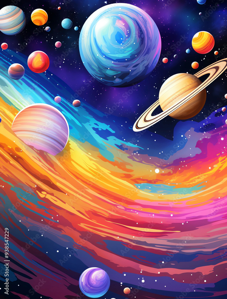 Naklejka premium Colorful vector illustration of vibrant planets and rings in space, with highly detailed and vibrant colors