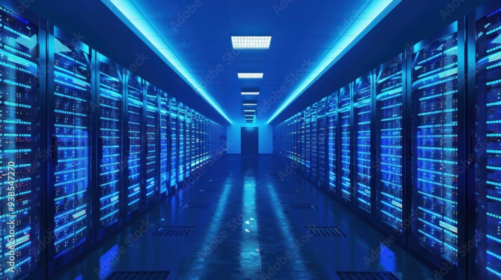 Futuristic Data Center Hallway with Rows of Servers and Illuminated Blue Lights in Technology Environment Futuristic Data Center Hallway with Rows of Servers and Illuminated Blue Lights in Technology Environment