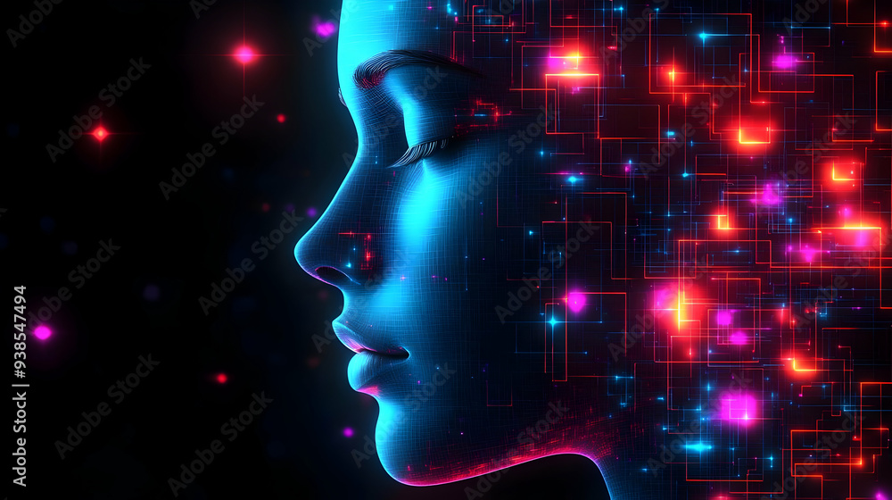 Digital female face with glowing lines and connections. Digital female face with glowing lines and connections.