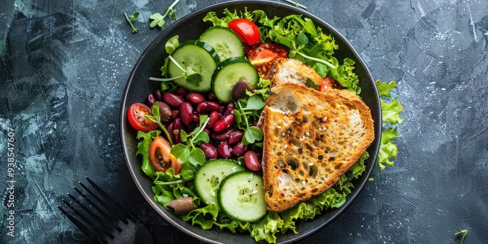 Crisp salad featuring leafy greens, avocado, grape tomatoes, sliced cucumbers, kidney beans, and a slice of toasted bread. Crisp salad featuring leafy greens, avocado, grape tomatoes, sliced cucumbers, kidney beans, and a slice of toasted bread.