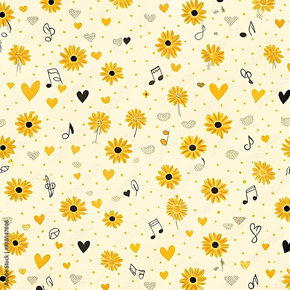 Obraz premium Yellow Flower and Heart Pattern - Cute Floral Digital Design