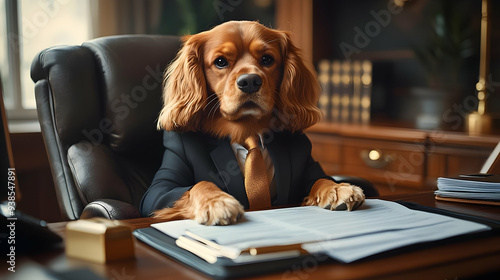 Dog dressed in a suit sitting at a desk reviewing papers. photo