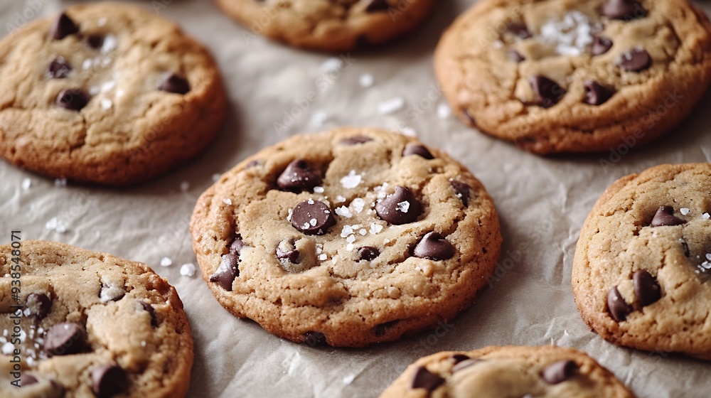 Chocolate chip cookies freshly baked parchment paper with flaky salt : Generative AI Chocolate chip cookies freshly baked parchment paper with flaky salt : Generative AI
