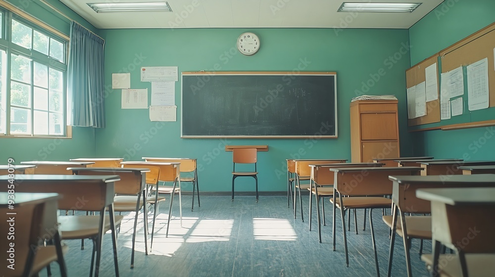 Empty classroom with chairs desks and chalkboard : Generative AI Empty classroom with chairs desks and chalkboard : Generative AI