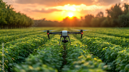 Drone flying over a field of crops at sunset. photo