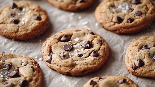 Chocolate chip cookies freshly baked parchment paper with flaky salt : Generative AI