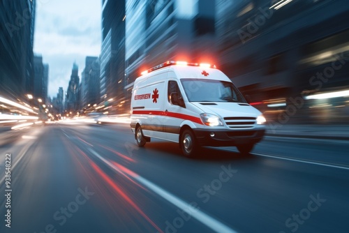 An emergency ambulance rushes through a city street with flashing lights, symbolizing urgent medical response and care. photo