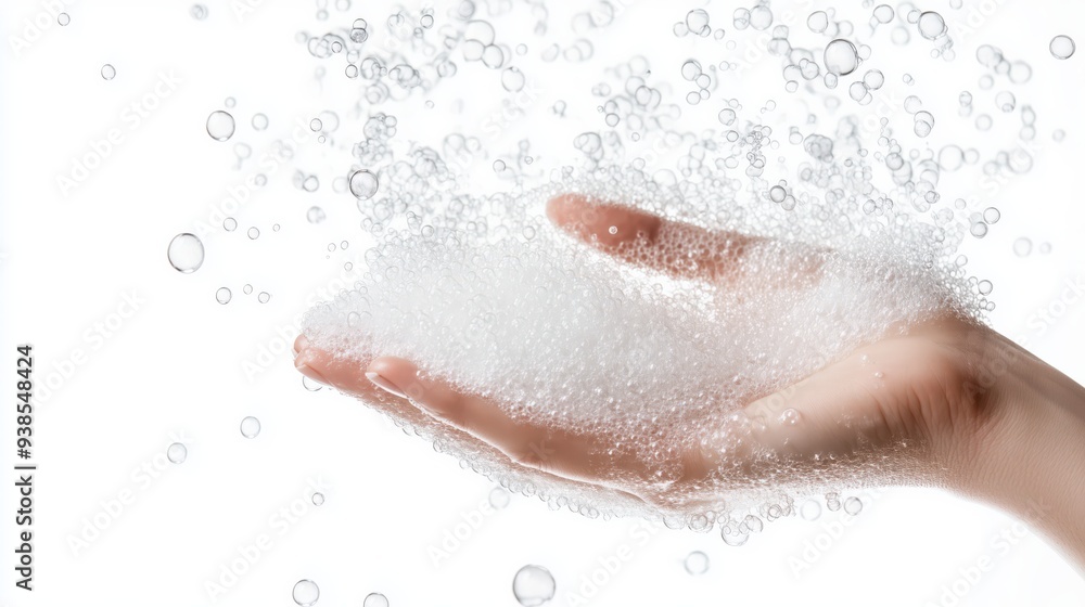 Fototapeta premium A close-up of a female hand holding a heap of foam bubbles against a white background, emphasizing cleanliness and hygiene.
