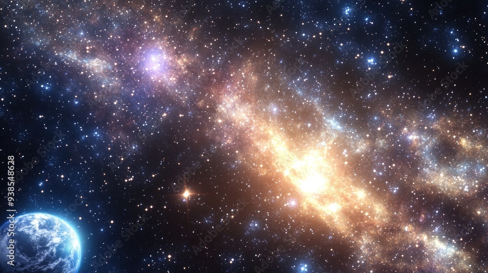 Fototapeta premium Close-up of a galaxy with bright stars and swirling nebulae, with Earth glowing in the distance