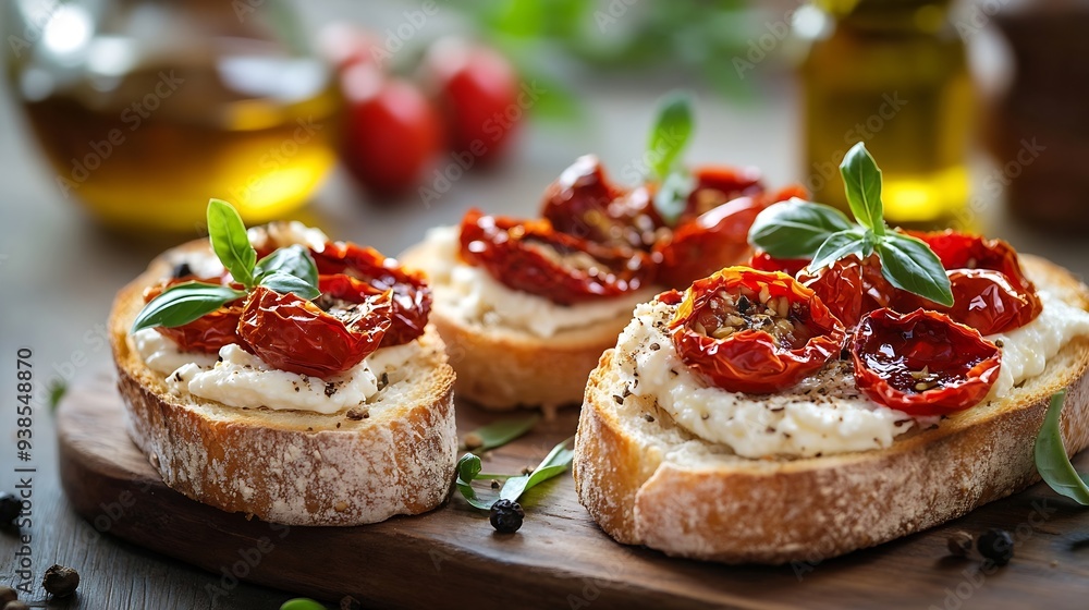 Two bruschettas with ricotta cheese olive and dried tomatoes on ciabatta bread on wooden background Olive oil and spices decorated Copyspace : Generative AI Two bruschettas with ricotta cheese olive and dried tomatoes on ciabatta bread on wooden background Olive oil and spices decorated Copyspace : Generative AI