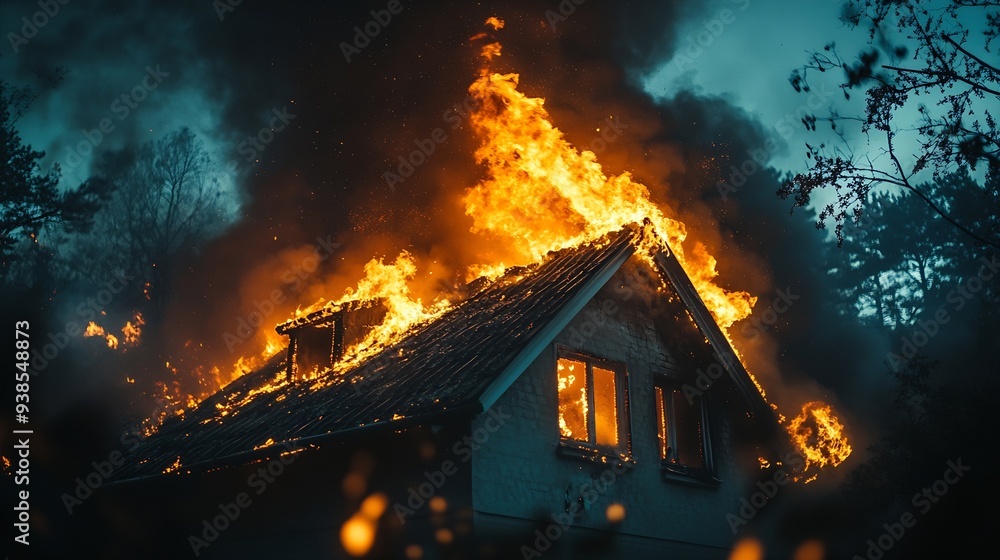 Fire in a private home Arriving rescuers begin extinguishing the raging fire The fire spreads to the roof black smoke from combustion products is visible : Generative AI Fire in a private home Arriving rescuers begin extinguishing the raging fire The fire spreads to the roof black smoke from combustion products is visible : Generative AI