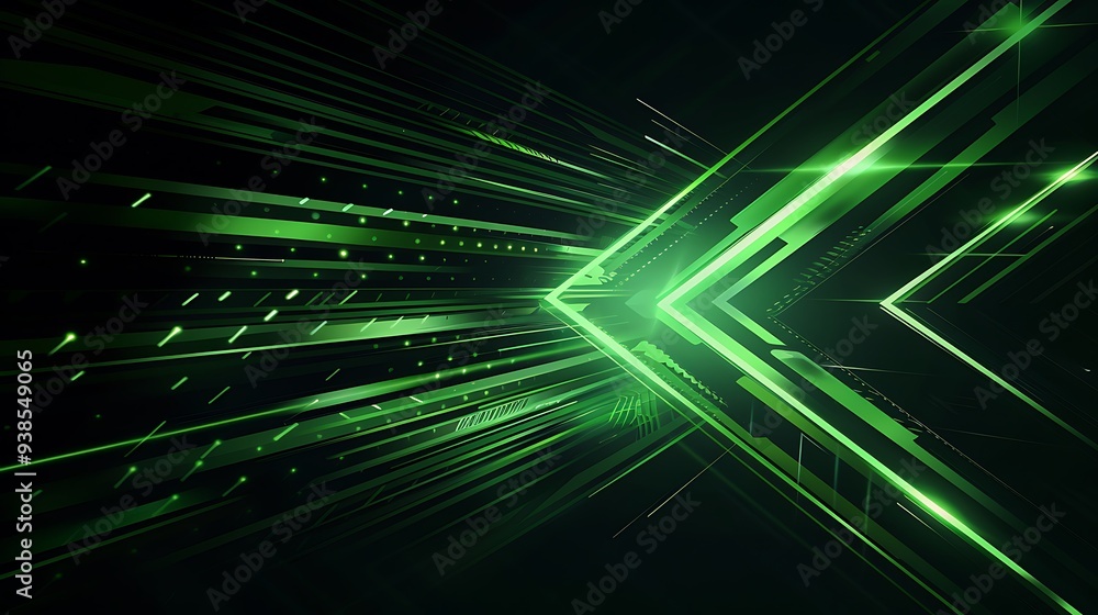 Vector illustration of an abstract green light and black line arrow polygon with futuristic direction design and modern technology background. Vector illustration of an abstract green light and black line arrow polygon with futuristic direction design and modern technology background.