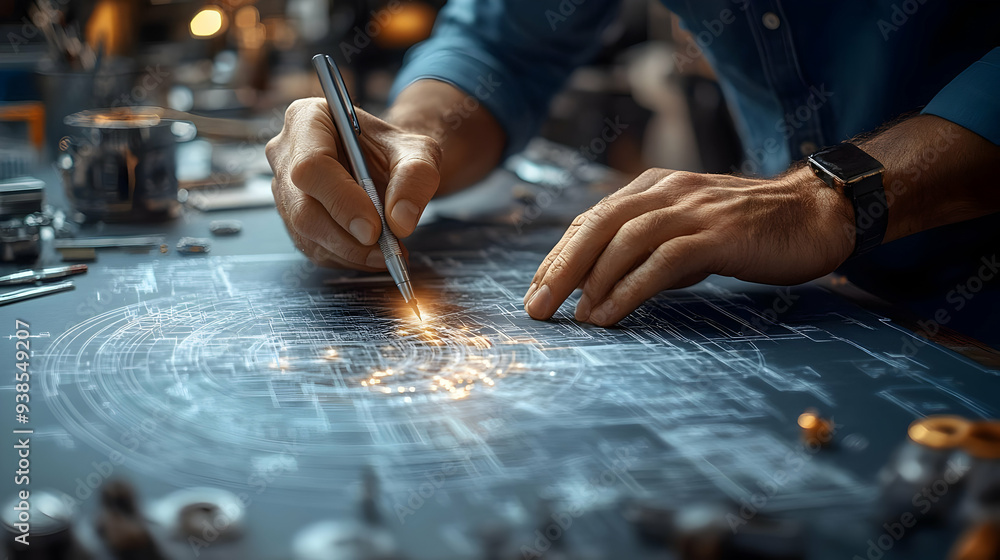 Engineer's hands trace blueprint, glowing with ideas. Engineer's hands trace blueprint, glowing with ideas.