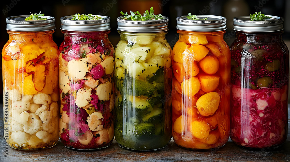 Five glass jars of pickled vegetables, including cauliflower, beets, cucumbers, and apricots. Five glass jars of pickled vegetables, including cauliflower, beets, cucumbers, and apricots.