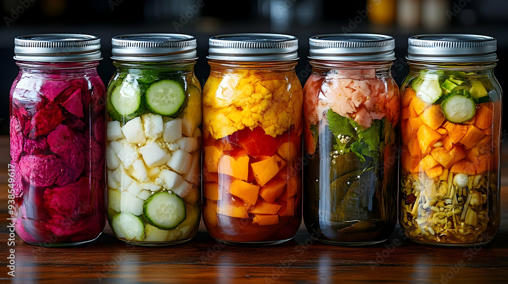 Five glass jars with colorful pickled vegetables on wooden table. Five glass jars with colorful pickled vegetables on wooden table.