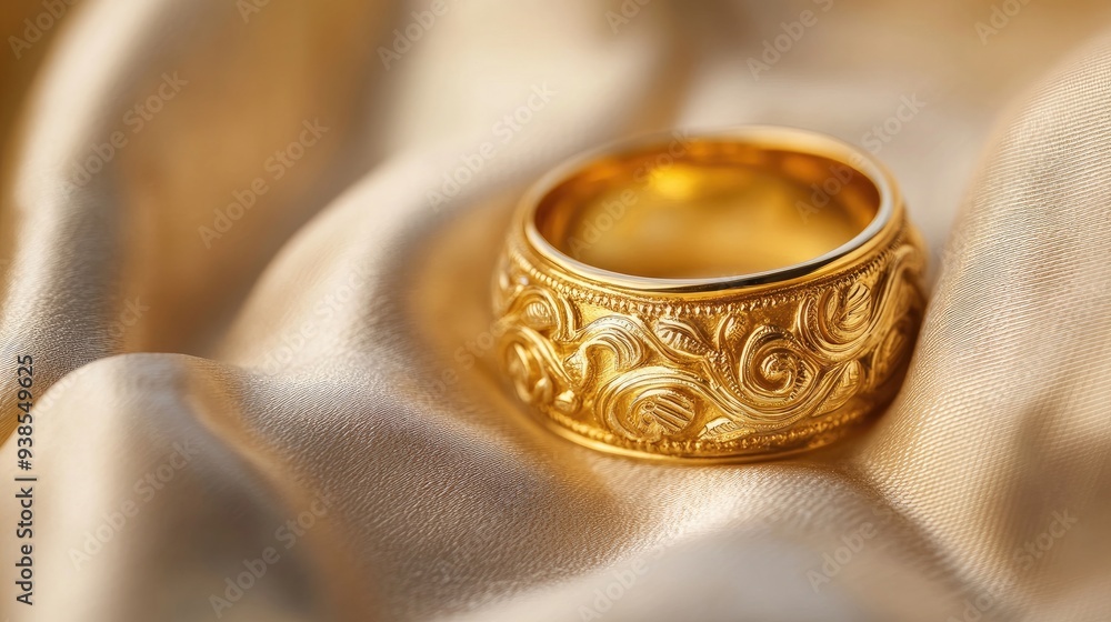Close-up of a gold ring with intricate details, lying on a satin fabric, symbolizing craftsmanship Close-up of a gold ring with intricate details, lying on a satin fabric, symbolizing craftsmanship