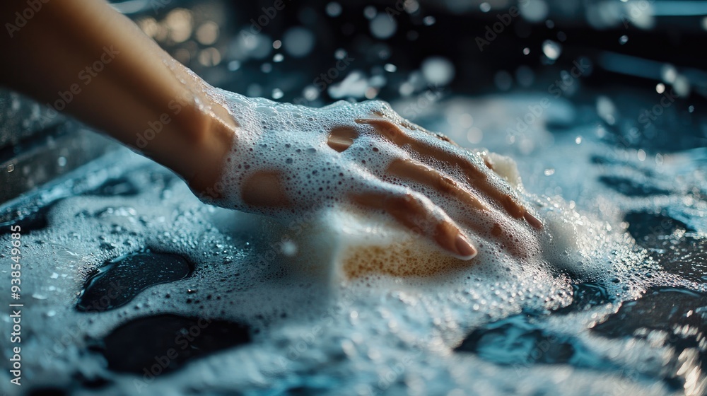 Fototapeta premium Close-up of a hand gripping a soapy sponge, scrubbing a car body, with bubbles and suds visible