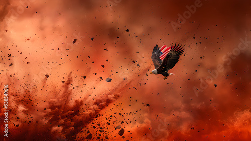 Eagle soaring through fiery sky with debris