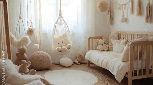 Stylish and cute scandinavian decor of newborn baby room with natural toys hanging decor balls macrame sofa plush animals and accessories Beige walls Interior design of kid room Home s : Generative AI photo