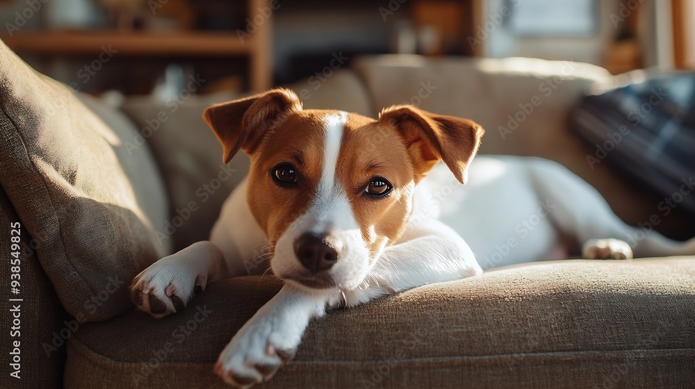Dog relaxing on sofa in living room Stylish home interior with curious pet on place for relax Vacations with a dog in a wooden country house Jack Russel terrier portrait : Generative AI Dog relaxing on sofa in living room Stylish home interior with curious pet on place for relax Vacations with a dog in a wooden country house Jack Russel terrier portrait : Generative AI