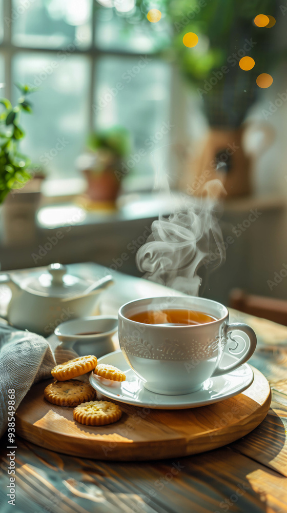 Comforting Kitchen Scene with Steaming Teacup and Biscuits Comforting Kitchen Scene with Steaming Teacup and Biscuits