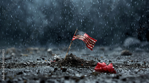 American Flag Endures Rain in Desolate Landscape