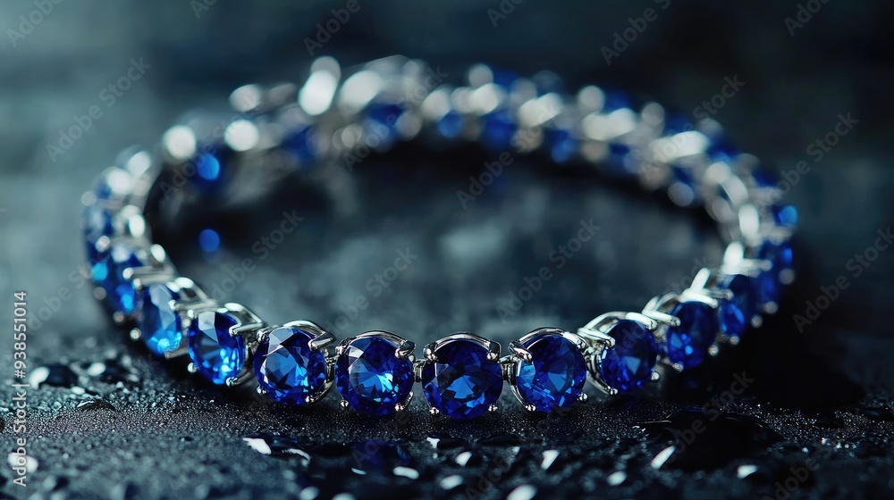Close-up of a sapphire bracelet, displayed on a dark, elegant background, highlighting craftsmanship Close-up of a sapphire bracelet, displayed on a dark, elegant background, highlighting craftsmanship