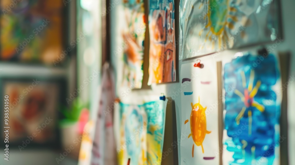 Fototapeta premium Children's Artwork Displayed on a Wall