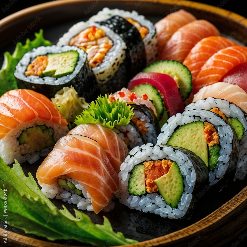 Assorted Sushi Rolls with Fresh Salmon and Avocado Assorted Sushi Rolls with Fresh Salmon and Avocado