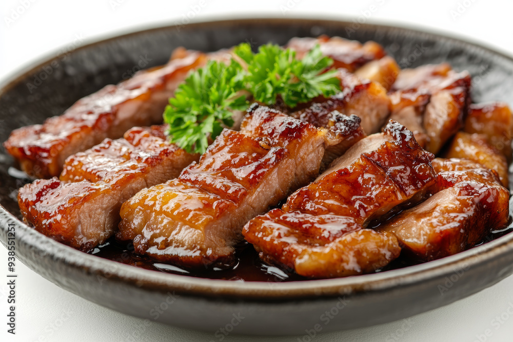 Close-up of delicious pork belly in a black bowl with a dark sauce, against a white background. Food photography, steaming, hot and filled with a sweet-savory aroma. Close-up of delicious pork belly in a black bowl with a dark sauce, against a white background. Food photography, steaming, hot and filled with a sweet-savory aroma.