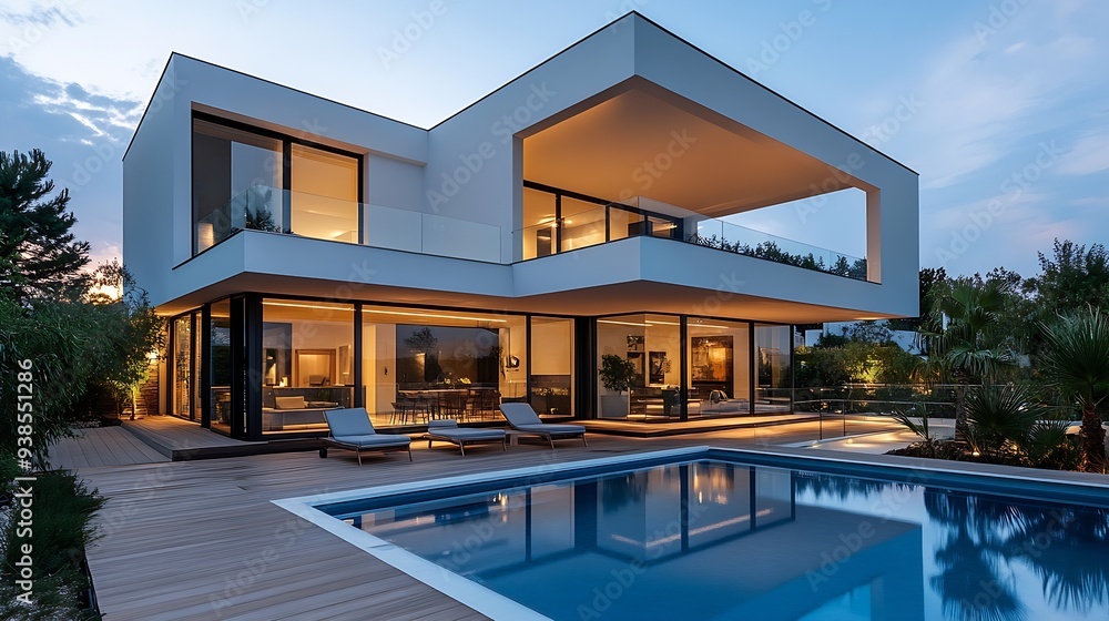 Modern villa with pool and deck with interior and exterior views : Generative AI Modern villa with pool and deck with interior and exterior views : Generative AI