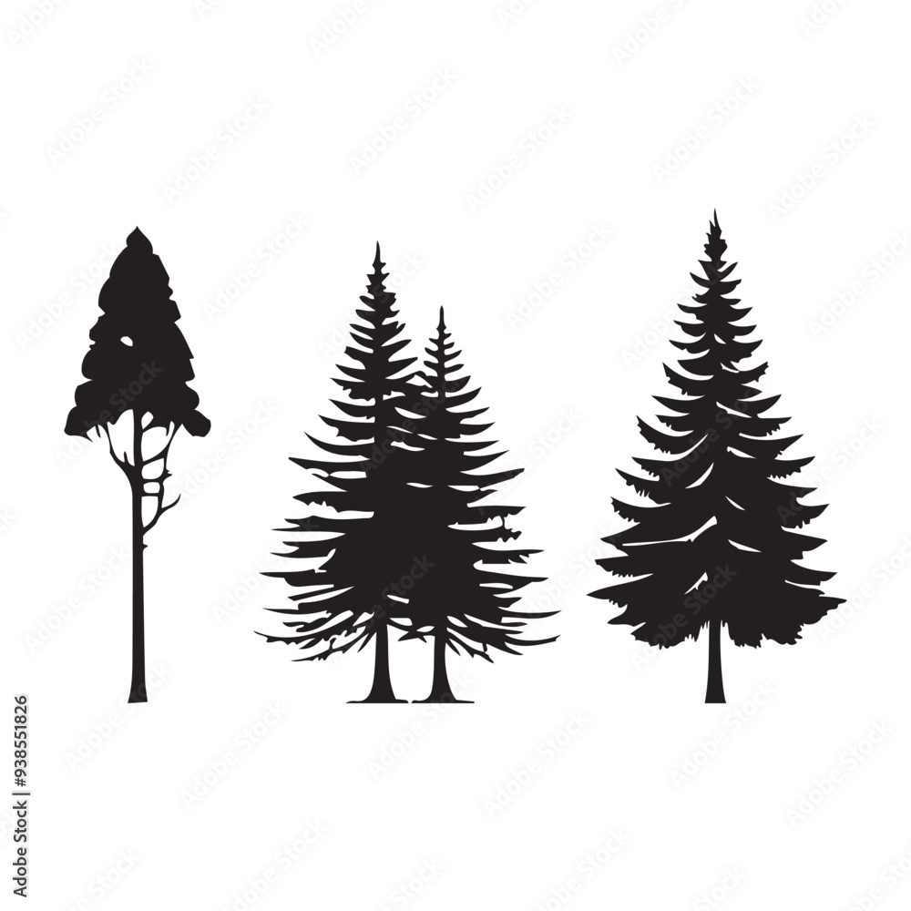 Fototapeta premium pine tree silhouette isolated on white background .vector illustration. Beautiful hand drawn panorama with treetops forest. Black pine woods