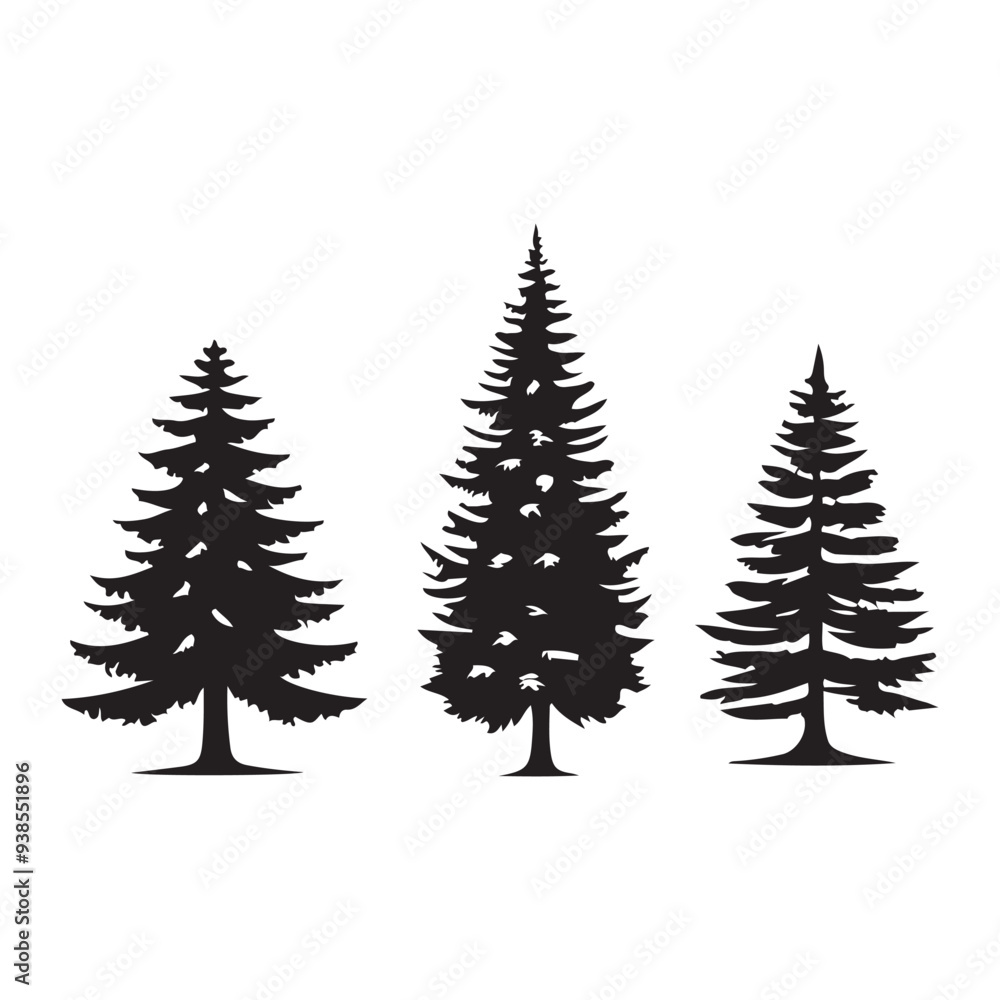 Obraz premium pine tree silhouette isolated on white background .vector illustration. Beautiful hand drawn panorama with treetops forest. Black pine woods