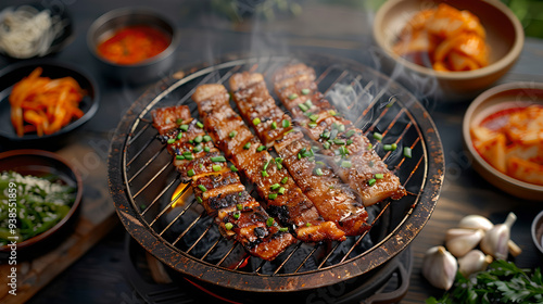 Fototapeta Naklejka Na Ścianę i Meble -  Korean BBQ Grilled Pork Belly with Side Dishes