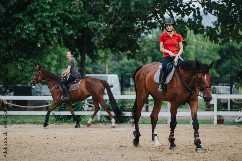 Two young riders are practicing their equestrian skills on horses at a ranch, embodying concentration and skill in a natural setting. Two young riders are practicing their equestrian skills on horses at a ranch, embodying concentration and skill in a natural setting.