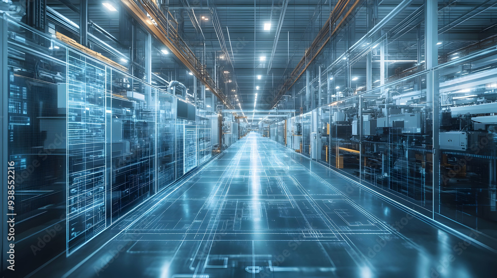 Futuristic factory corridor with glowing blue digital lines. Futuristic factory corridor with glowing blue digital lines.