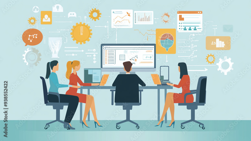 Collaborative team working together in a modern office setting with digital data visualization during a brainstorming session Collaborative team working together in a modern office setting with digital data visualization during a brainstorming session
