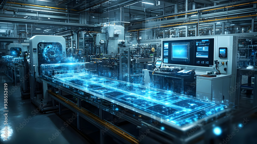 Fototapeta premium Futuristic factory with a glowing blue digital network overlay on a conveyor belt.