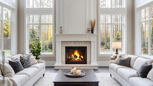 Interior living room with fireplace stone and wood mantle staircase wooden flooring decorated and staged large bright windows classic and modern decor : Generative AI