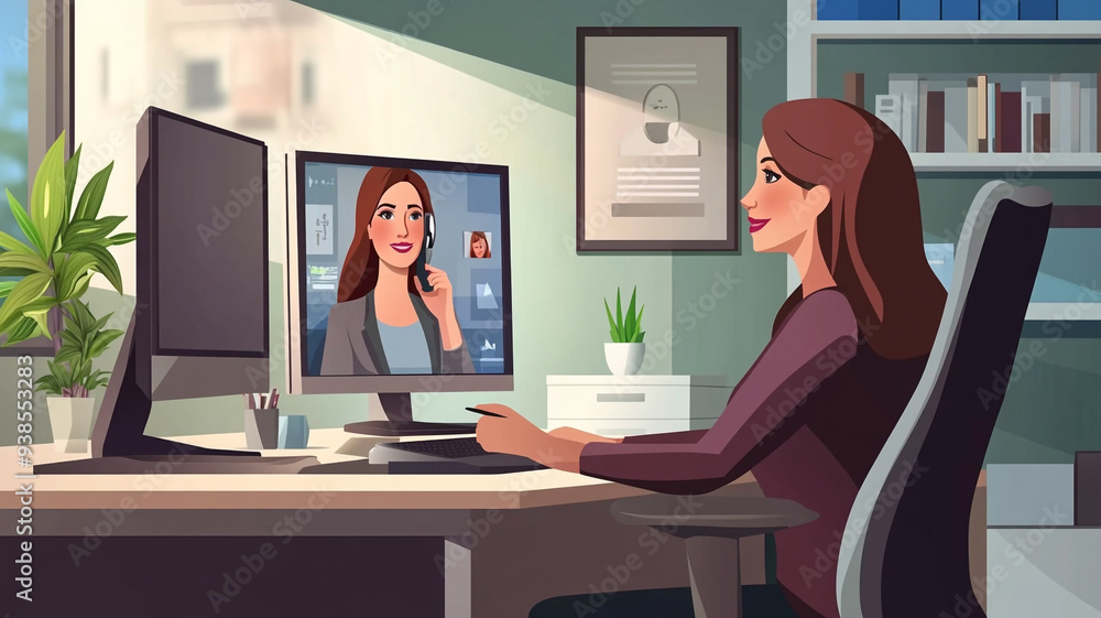 A dedicated remote worker engages in a virtual meeting, surrounded by green plants and books in a cozy home office setup A dedicated remote worker engages in a virtual meeting, surrounded by green plants and books in a cozy home office setup